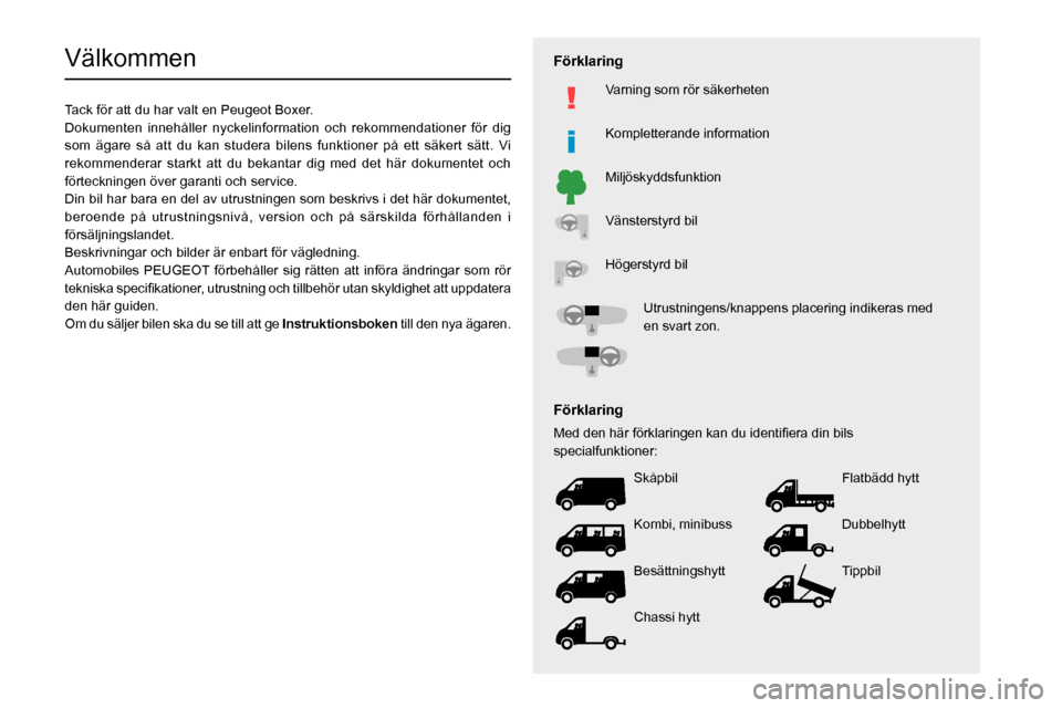 Peugeot Boxer 2020  Ägarmanual (in Swedish)   
 
 
 
 
 
 
 
  
 
 
  
 
 
  
  
   
   
 
  
Välkommen
Tack för att du har valt en Peugeot Boxer.
Dokumenten innehåller nyckelinformation och rekommendationer för d\
ig 
som ägare så att du