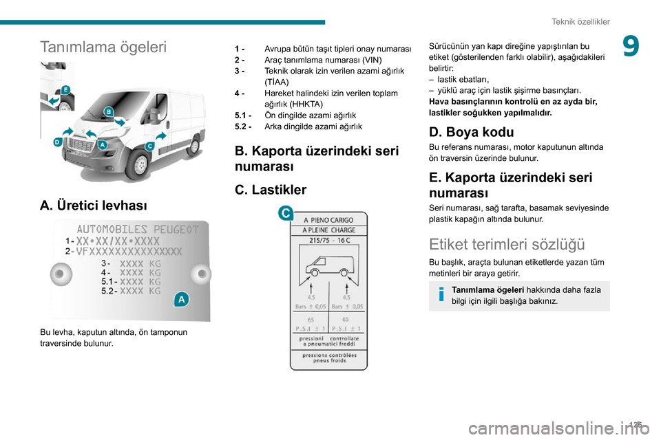 Peugeot Boxer 2020  Kullanım Kılavuzu (in Turkish) 135
Teknik özellikler
9Tanımlama ögeleri 
 
A. Üretici levhası 
 
Bu levha, kaputun altında, ön tamponun 
traversinde bulunur.1 - 
Avrupa bütün taşıt tipleri onay numarası
2 -  Araç tanı