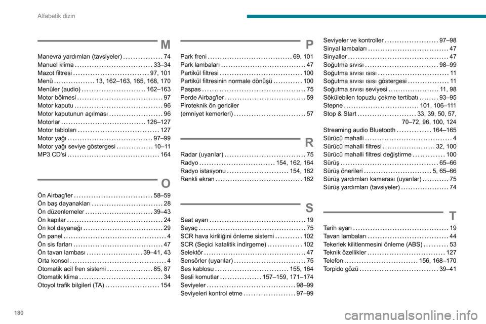 Peugeot Boxer 2020  Kullanım Kılavuzu (in Turkish) 180
Alfabetik dizin
M
Manevra yardımları (tavsiyeler)   74Manuel klima   33–34Mazot filtresi   97, 101Menü   13, 162–163, 165, 168, 170Menüler (audio)   162–163Motor bölmesi   97Motor kaput