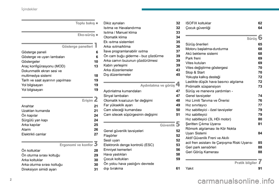 Peugeot Boxer 2020  Kullanım Kılavuzu (in Turkish) 2
İçindekiler
 
 
 
 
 
   ■
Toplu bakış
  ■
Eko-sürüş
 1Gösterge panelleri
Gösterge paneli  6
Gösterge ve uyarı lambaları  6
Göstergeler  10
Araç konfigürasyonu (MOD) 
 13
Doku