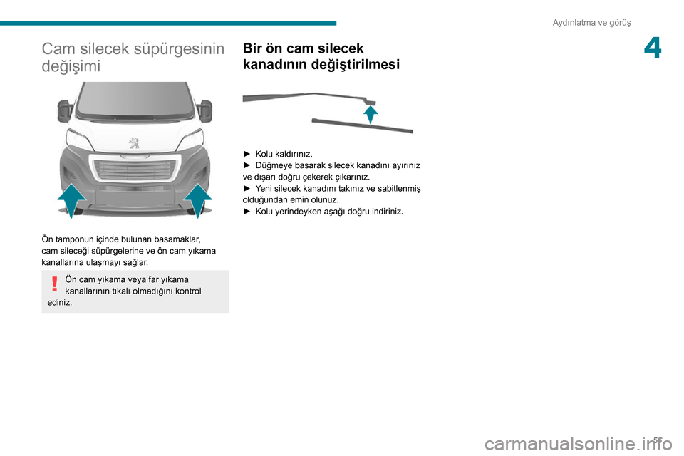 Peugeot Boxer 2020 Kullanım Kılavuzu (in Turkish) 51
Aydınlatma ve görüş
4Cam silecek süpürgesinin
değişimi
Ön tamponun içinde bulunan basamaklar,
cam sileceği süpürgelerine ve ön cam yıkama
kanallarına ulaşmayı sağlar.
Ön Peugeot Boxer 2020 Kullanım Kılavuzu (in Turkish) 51
Aydınlatma ve görüş
4Cam silecek süpürgesinin
değişimi
Ön tamponun içinde bulunan basamaklar,
cam sileceği süpürgelerine ve ön cam yıkama
kanallarına ulaşmayı sağlar.
Ön