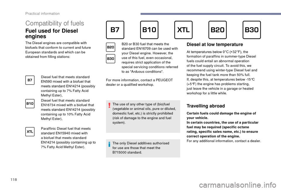 Peugeot Boxer 2018  Owners Manual 118
Compatibility of fuels      
Fuel used for Diesel 
engines
The Diesel engines are compatible with 
biofuels that conform to current and future 
European standards and which can be 
obtained from f
