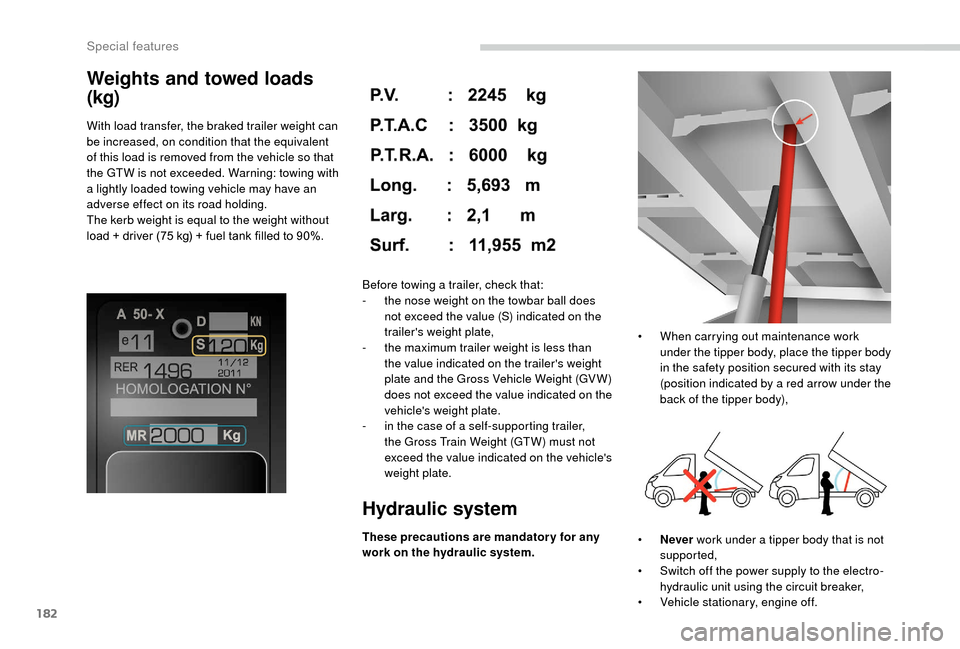 Peugeot Boxer 2018  Owners Manual 182
Weights and towed loads 
(kg)
With load transfer, the braked trailer weight can 
be increased, on condition that the equivalent 
of this load is removed from the vehicle so that 
the GTW is not ex