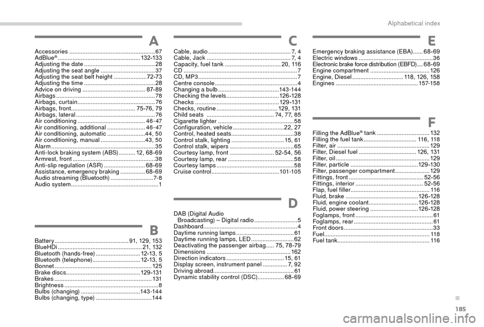 Peugeot Boxer 2018  Owners Manual 185
Accessories .................................................... 67
AdBlue® .................................................. 13 2-13 3
Adjusting the date  ......................................