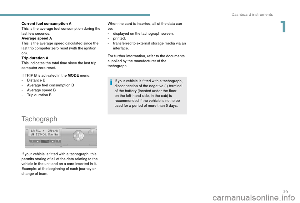 Peugeot Boxer 2018  Owners Manual 29
Current fuel consumption A
This is the average fuel consumption during the 
last few seconds.
Average speed A
This is the average speed calculated since the 
last trip computer zero reset (with the