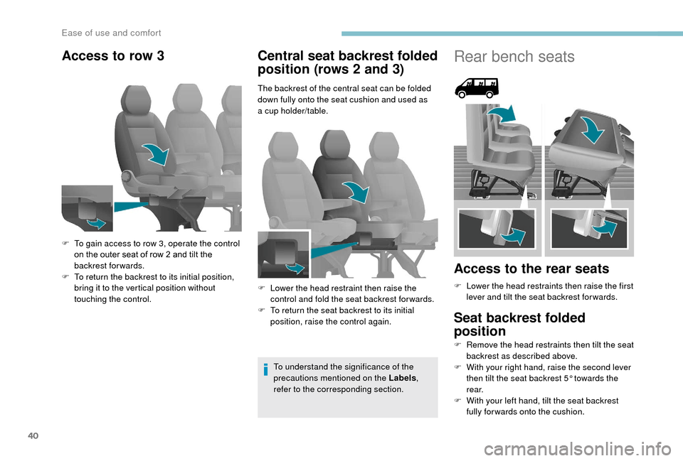 Peugeot Boxer 2018 Service Manual 40
Access to row 3Central seat backrest folded
position (rows 2
and 3)
The backrest of the central seat can be folded
down fully onto the seat cushion and used as
a
cup holder/table.
To underst Peugeot Boxer 2018 Service Manual 40
Access to row 3Central seat backrest folded
position (rows 2
and 3)
The backrest of the central seat can be folded
down fully onto the seat cushion and used as
a
cup holder/table.
To underst