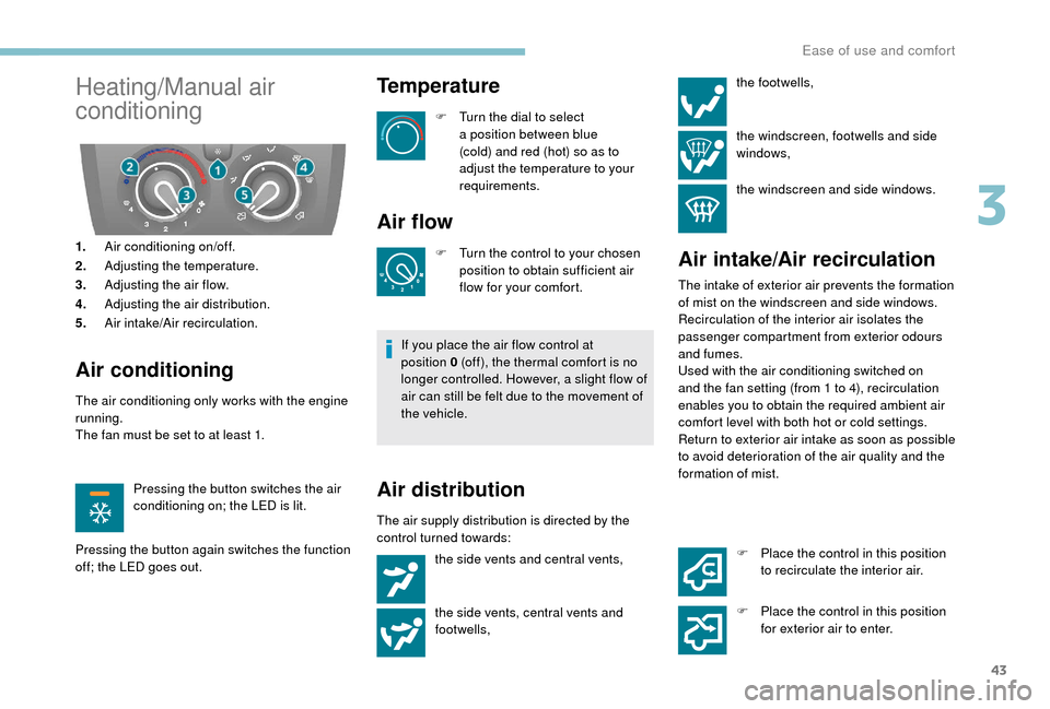 Peugeot Boxer 2018  Owners Manual 43
Heating/Manual air 
conditioning
1.Air conditioning on/off.
2. Adjusting the temperature.
3. Adjusting the air flow.
4. Adjusting the air distribution.
5. Air intake/Air recirculation.
Air conditio