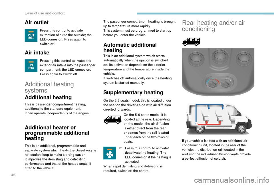 Peugeot Boxer 2018  Owners Manual 46
Air outlet
Press this control to activate 
extraction of air to the outside; the 
LED comes on. Press again to 
switch off.
Air intake
Pressing this control activates the 
exterior air intake into 