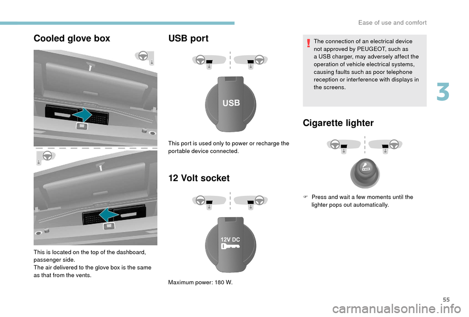 Peugeot Boxer 2018  Owners Manual 55
Cooled glove box
This is located on the top of the dashboard, 
passenger side.
The air delivered to the glove box is the same 
as that from the vents.
USB port
12  Volt socketThe connection of an e