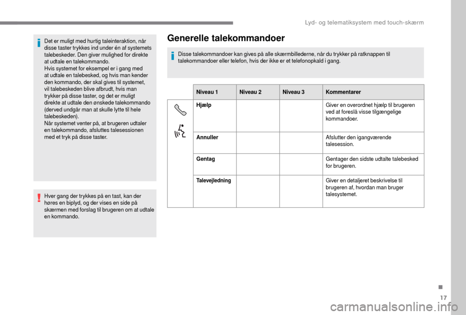 Peugeot Boxer 2018 Instruktionsbog (in Danish) 17
Det er muligt med hurtig taleinteraktion, når
disse taster trykkes ind under én af systemets
talebeskeder. Den giver mulighed for direkte
at udtale en talekommando.
Hvis systemet for eksempel Peugeot Boxer 2018 Instruktionsbog (in Danish) 17
Det er muligt med hurtig taleinteraktion, når
disse taster trykkes ind under én af systemets
talebeskeder. Den giver mulighed for direkte
at udtale en talekommando.
Hvis systemet for eksempel