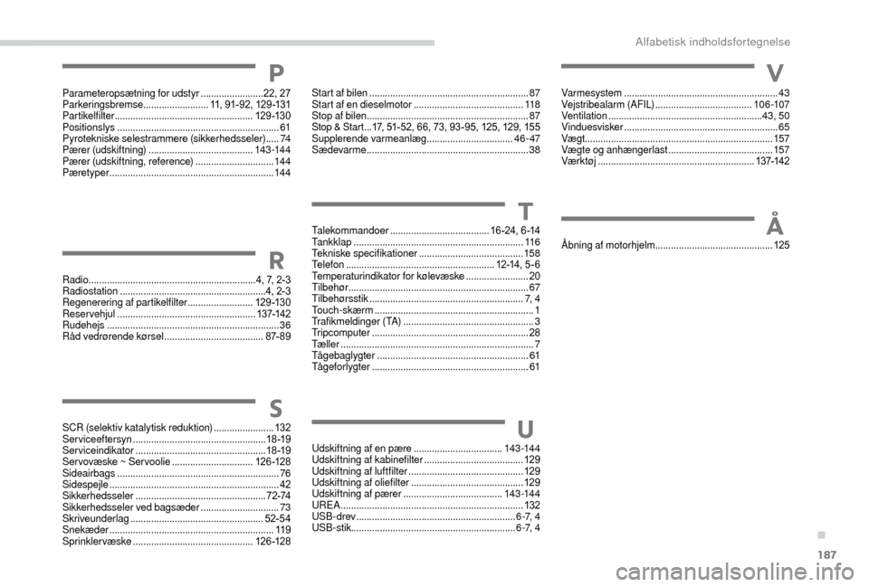 Peugeot Boxer 2018  Instruktionsbog (in Danish) 187
Åbning af motorhjelm .............................................12 5
Var mesystem
 
 ...........................................................
43
Vejstribealarm (AFIL)
 
 ....................