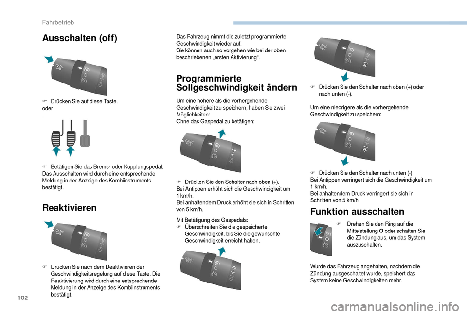 Peugeot Boxer 2018  Betriebsanleitung (in German) 102
Ausschalten (off)
ReaktivierenDas Fahrzeug nimmt die zuletzt programmierte 
Geschwindigkeit wieder auf.
Sie können auch so vorgehen wie bei der oben 
beschriebenen „ersten Aktivierung“.
Progr