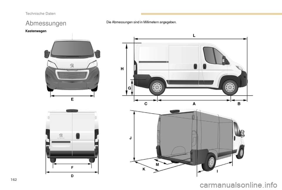 Peugeot Boxer 2018  Betriebsanleitung (in German) 162
AbmessungenDie Abmessungen sind in Millimetern angegeben.
Kastenwagen 
Technische Daten  