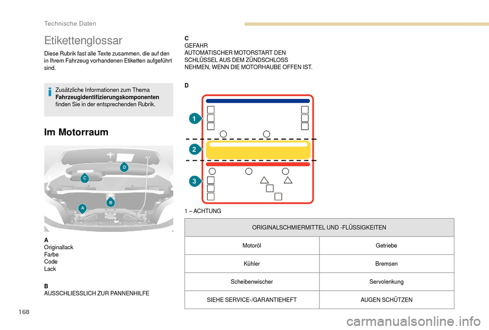 Peugeot Boxer 2018  Betriebsanleitung (in German) 168
Etikettenglossar
Diese Rubrik fast alle Texte zusammen, die auf den 
in Ihrem Fahrzeug vorhandenen Etiketten aufgeführt 
sind.Zusätzliche Informationen zum Thema 
Fahrzeugidentifizierungskompone