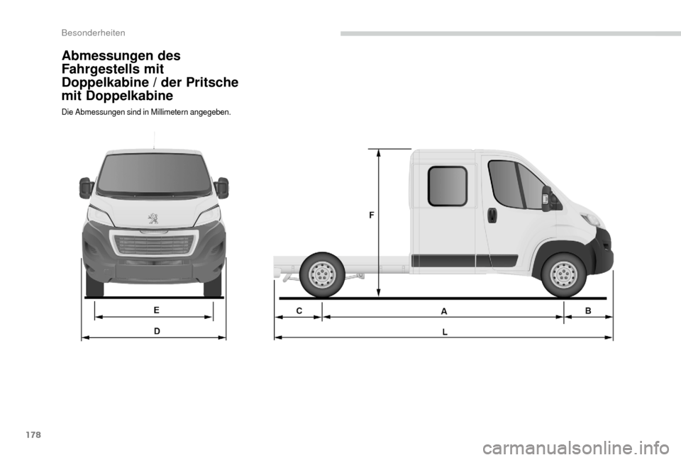 Peugeot Boxer 2018 Betriebsanleitung (in German) 178
Abmessungen des
Fahrgestells mit
Doppelkabine / der Pritsche
mit Doppelkabine
Die Abmessungen sind in Millimetern angegeben.
Besonderheiten Peugeot Boxer 2018 Betriebsanleitung (in German) 178
Abmessungen des
Fahrgestells mit
Doppelkabine / der Pritsche
mit Doppelkabine
Die Abmessungen sind in Millimetern angegeben.
Besonderheiten
