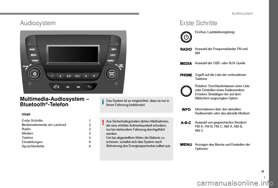 Peugeot Boxer 2018  Betriebsanleitung (in German) 1
Audiosystem
Multimedia­Audiosystem – 
Bluetooth®­Telefon
Inhalt
Erste Schritte  1
B edienelemente 	 am 	 Lenkrad 	 	2
Radio
	 	 2
Medien 
 
4
T

elefon   
5
E

instellungen   
6
Sp

rachbefehle