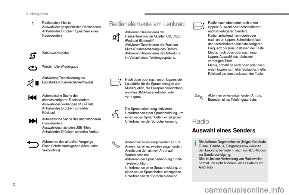 Peugeot Boxer 2018  Betriebsanleitung (in German) 2
Zufallswiedergabe
Wiederholte Wiedergabe
Aktivierung/Deaktivierung der 
Lautstärke (Stummschalten/Pause)
Automatische Suche des 
nächstniedrigeren Radiosenders
Auswahl des vorherigen USB-Titels
An