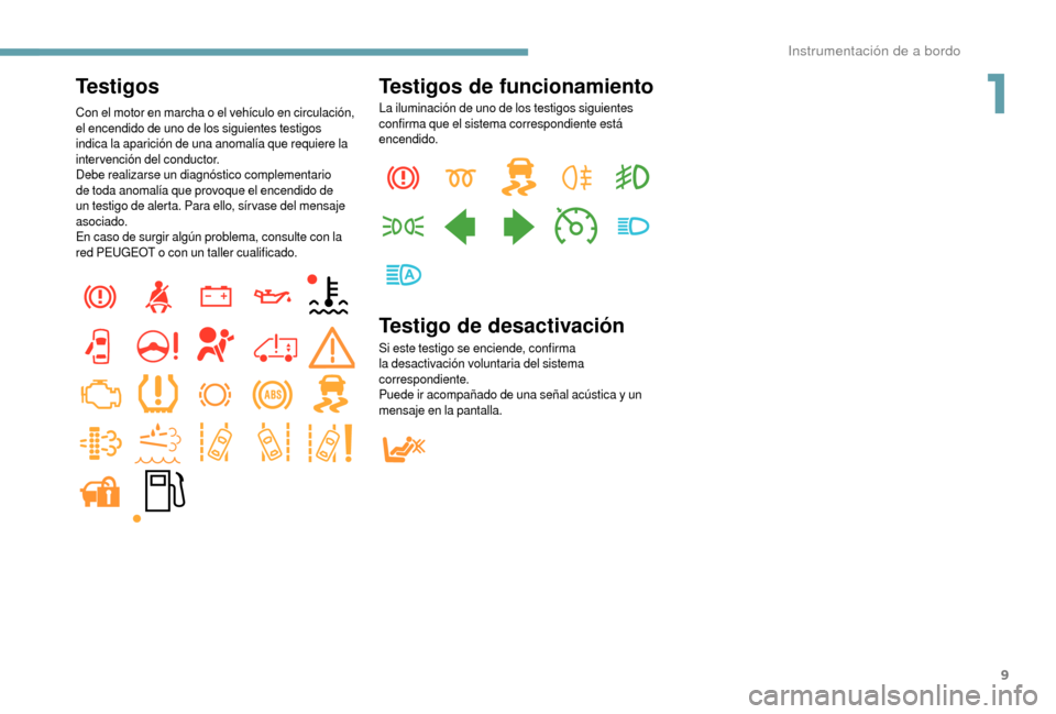 Peugeot Boxer 2018  Manual del propietario (in Spanish) 9
Testigos
Con el motor en marcha o el vehículo en circulación, 
e l encendido de uno de los siguientes testigos 
indica la aparición de una anomalía que requiere la 
intervención del conductor.
