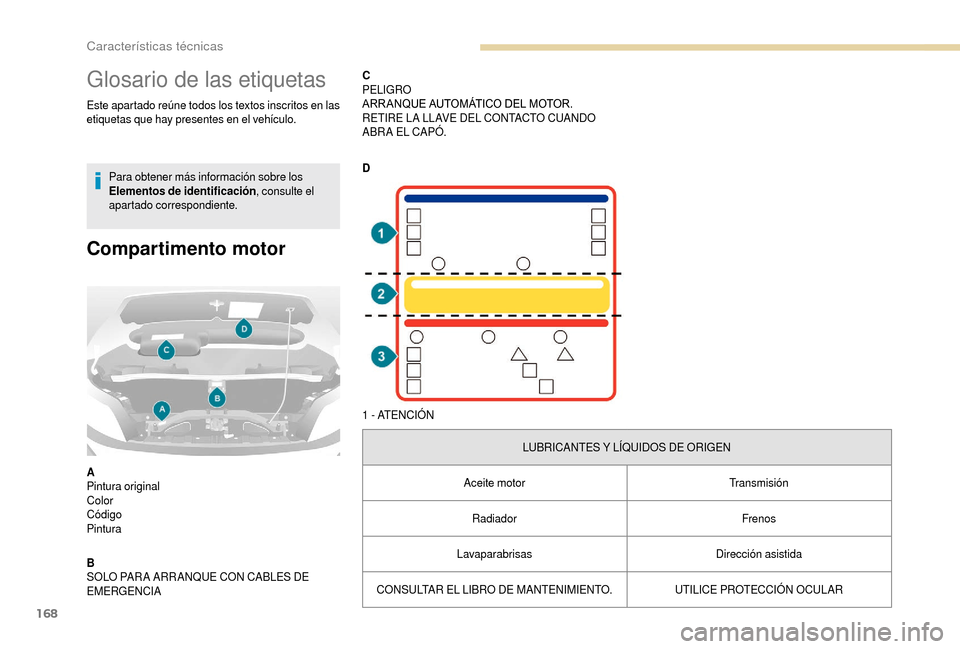 Peugeot Boxer 2018  Manual del propietario (in Spanish) 168
Glosario de las etiquetas
Este apartado reúne todos los textos inscritos en las 
etiquetas que hay presentes en el vehículo.Para obtener más información sobre los 
Elementos de identificación