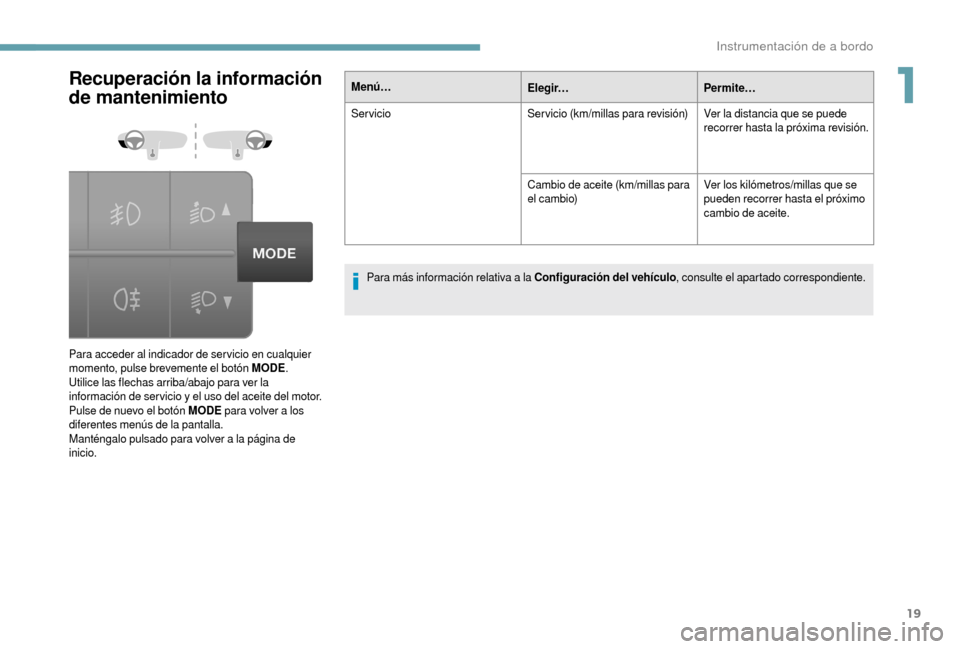 Peugeot Boxer 2018 Manual del propietario (in Spanish) 19
Recuperación la información
de mantenimiento
Para acceder al indicador de ser vicio en cualquier
momento, pulse brevemente el botón MODE.
Utilice las flechas arriba/abajo para ver la
informac Peugeot Boxer 2018 Manual del propietario (in Spanish) 19
Recuperación la información
de mantenimiento
Para acceder al indicador de ser vicio en cualquier
momento, pulse brevemente el botón MODE.
Utilice las flechas arriba/abajo para ver la
informac