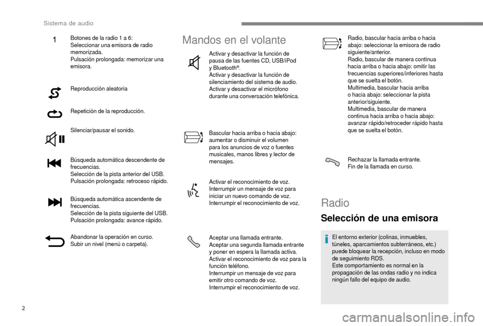 Peugeot Boxer 2018 Manual del propietario (in Spanish) 2
Reproducción aleatoria
Repetición de la reproducción.
Silenciar/pausar el sonido.
Búsqueda automática descendente de
frecuencias.
Selección de la pista anterior del USB.
Pulsación prolongada Peugeot Boxer 2018 Manual del propietario (in Spanish) 2
Reproducción aleatoria
Repetición de la reproducción.
Silenciar/pausar el sonido.
Búsqueda automática descendente de
frecuencias.
Selección de la pista anterior del USB.
Pulsación prolongada