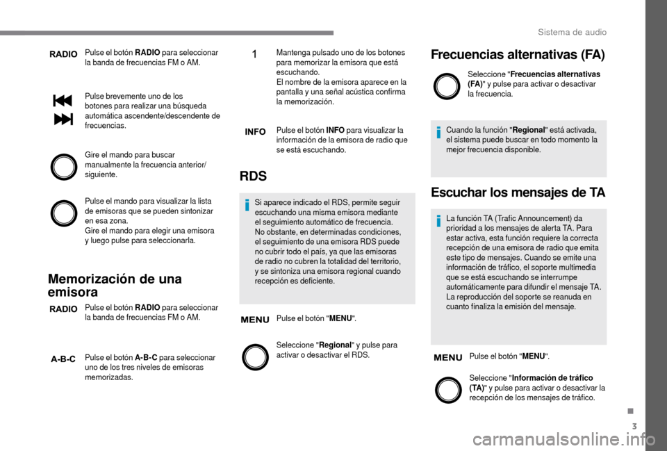 Peugeot Boxer 2018 Manual del propietario (in Spanish) 3
Pulse el botón RADIO para seleccionar
la banda de frecuencias FM o AM.
Pulse brevemente uno de los
botones para realizar una búsqueda
automática ascendente/descendente de
frecuencias.
Gire Peugeot Boxer 2018 Manual del propietario (in Spanish) 3
Pulse el botón RADIO para seleccionar
la banda de frecuencias FM o AM.
Pulse brevemente uno de los
botones para realizar una búsqueda
automática ascendente/descendente de
frecuencias.
Gire