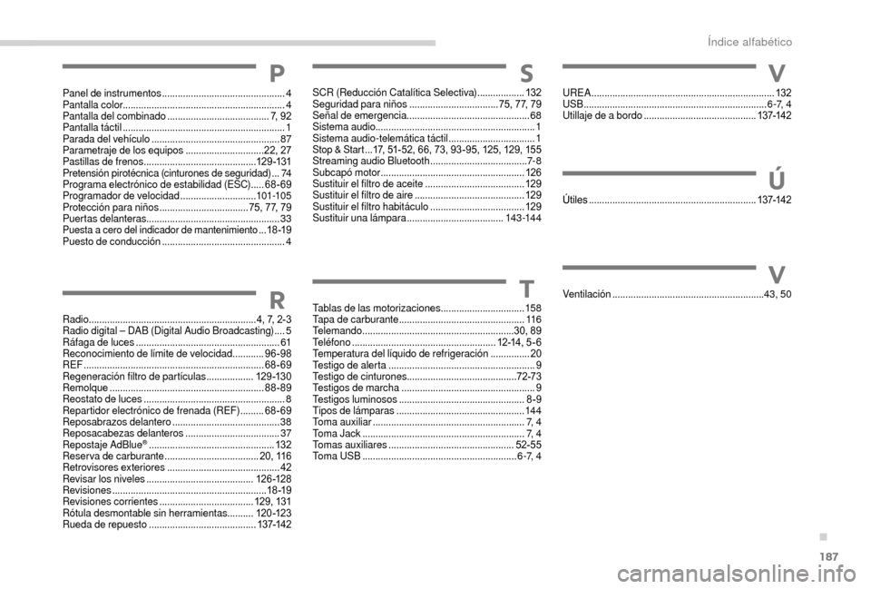 Peugeot Boxer 2018 Manual del propietario (in Spanish) 187
P
Radio ................................................................ 4, 7, 2-3
Radio digital – DAB (Digital Audio Broadcasting) ....5
Ráfaga de luces
.................................... Peugeot Boxer 2018 Manual del propietario (in Spanish) 187
P
Radio ................................................................ 4, 7, 2-3
Radio digital – DAB (Digital Audio Broadcasting) ....5
Ráfaga de luces
....................................