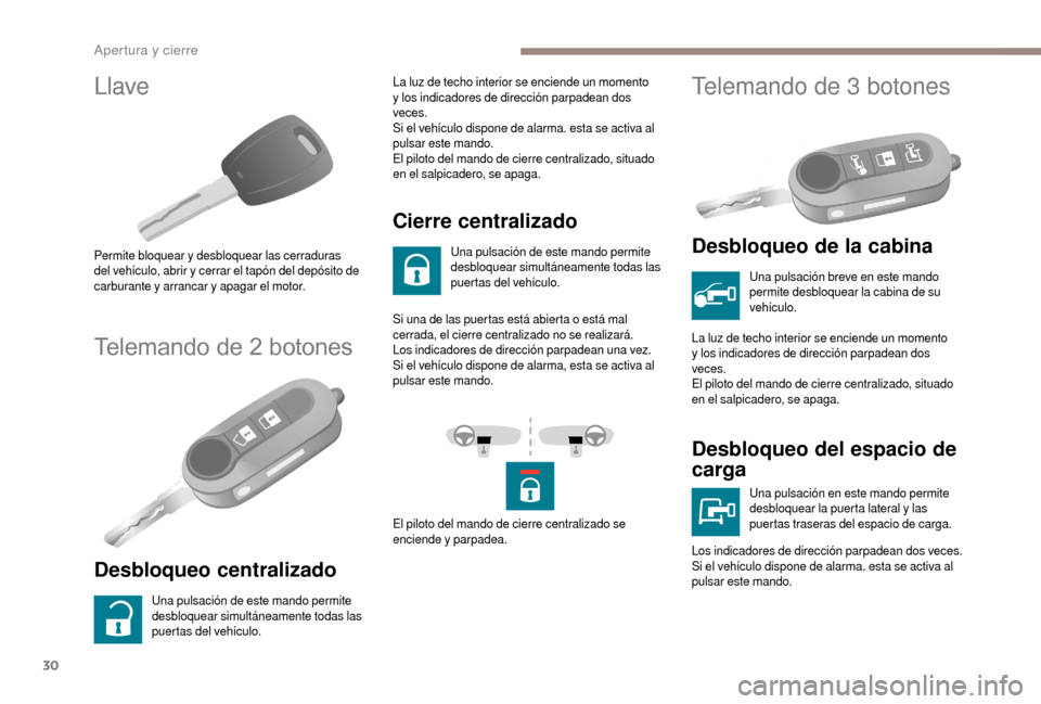 Peugeot Boxer 2018 Manual del propietario (in Spanish) 30
Llave
Permite bloquear y desbloquear las cerraduras
d el vehículo, abrir y cerrar el tapón del depósito de
carburante y
arrancar y
apagar el motor.
Telemando de 2 botones
Desbloqueo ce Peugeot Boxer 2018 Manual del propietario (in Spanish) 30
Llave
Permite bloquear y desbloquear las cerraduras
d el vehículo, abrir y cerrar el tapón del depósito de
carburante y
arrancar y
apagar el motor.
Telemando de 2 botones
Desbloqueo ce