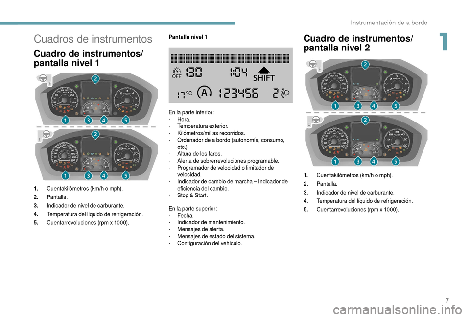Peugeot Boxer 2018  Manual del propietario (in Spanish) 7
Cuadros de instrumentos
Cuadro de instrumentos/
pantalla nivel 1
1.Cuentakilómetros (km/h o   mph).
2. Pantalla.
3. Indicador de nivel de carburante.
4. Temperatura del líquido de refrigeración.
