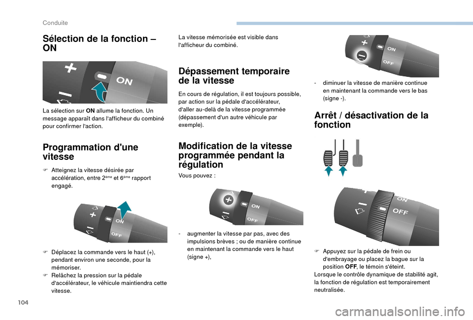 Peugeot Boxer 2018 Manuel du propriétaire (in French) 104
Sélection de la fonction –
ON
Programmation dune
vitesse Dépassement temporaire
de la vitesse
En cours de régulation, il est toujours possible,
par action sur la pédale daccélérateur Peugeot Boxer 2018 Manuel du propriétaire (in French) 104
Sélection de la fonction –
ON
Programmation dune
vitesse Dépassement temporaire
de la vitesse
En cours de régulation, il est toujours possible,
par action sur la pédale daccélérateur