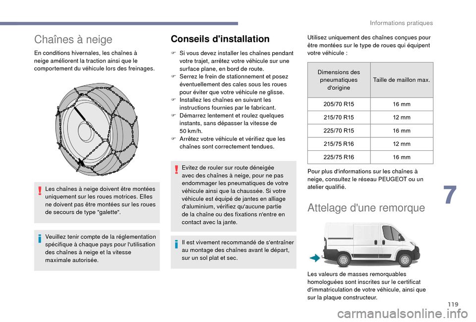 Peugeot Boxer 2018  Manuel du propriétaire (in French) 119
Chaînes à neige
En conditions hivernales, les chaînes à 
neige améliorent la traction ainsi que le 
comportement du véhicule lors des freinages.Les chaînes à neige doivent être montées 
