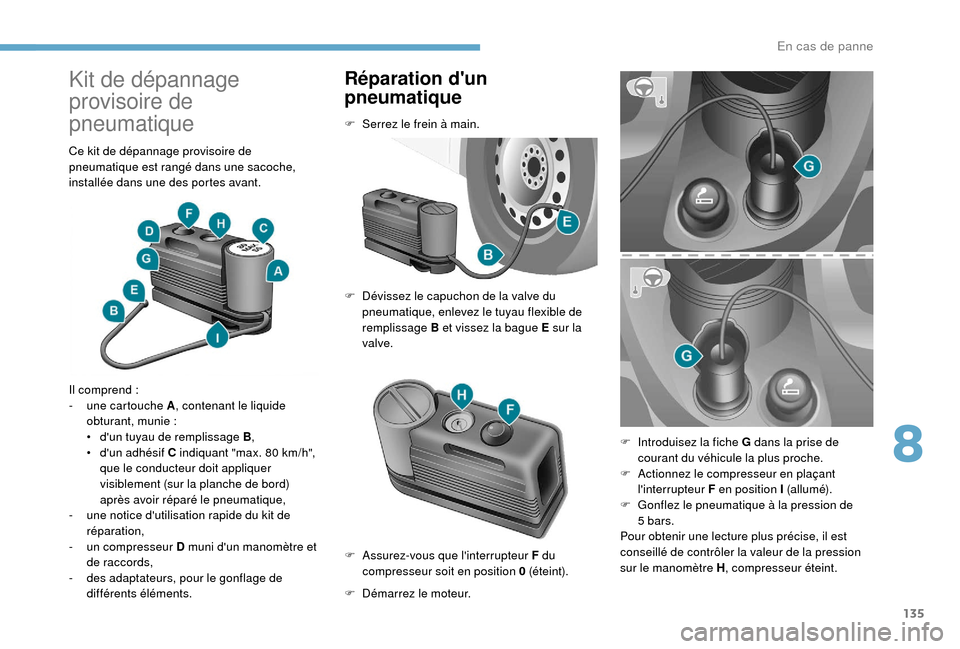 Peugeot Boxer 2018 Manuel du propriétaire (in French) 135
Kit de dépannage
provisoire de
pneumatique
Ce kit de dépannage provisoire de
pneumatique est rangé dans une sacoche,
installée dans une des portes avant.
Il comprend
:
-
u
ne cartouch Peugeot Boxer 2018 Manuel du propriétaire (in French) 135
Kit de dépannage
provisoire de
pneumatique
Ce kit de dépannage provisoire de
pneumatique est rangé dans une sacoche,
installée dans une des portes avant.
Il comprend
:
-
u
ne cartouch