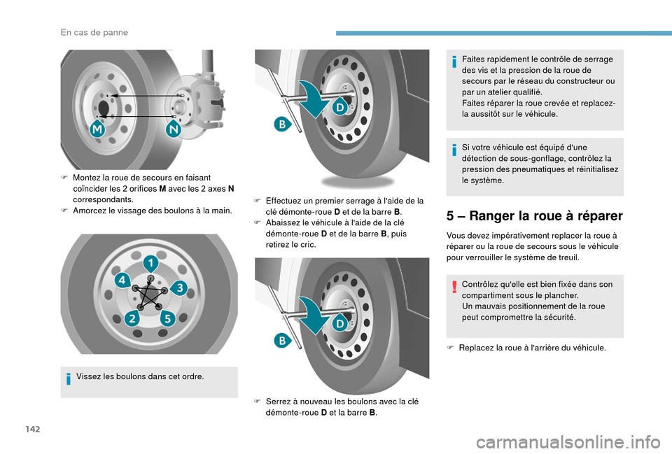 Peugeot Boxer 2018 Manuel du propriétaire (in French) 142
Vissez les boulons dans cet ordre.
F
M
ontez la roue de secours en faisant
coïncider les 2 orifices M avec les 2 axes N
correspondants.
F
A
morcez le vissage des boulons à la main.
F
E Peugeot Boxer 2018 Manuel du propriétaire (in French) 142
Vissez les boulons dans cet ordre.
F
M
ontez la roue de secours en faisant
coïncider les 2 orifices M avec les 2 axes N
correspondants.
F
A
morcez le vissage des boulons à la main.
F
E