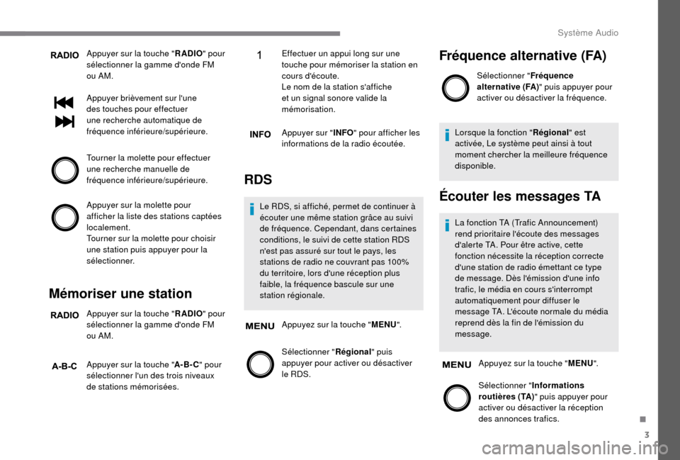 Peugeot Boxer 2018 Manuel du propriétaire (in French) 3
Appuyer sur la touche "RADIO" pour
sélectionner la gamme donde FM
ou AM.
Appuyer brièvement sur lune
des touches pour effectuer
une recherche automatique de
fréquence inférieure/supérieu Peugeot Boxer 2018 Manuel du propriétaire (in French) 3
Appuyer sur la touche "RADIO" pour
sélectionner la gamme donde FM
ou AM.
Appuyer brièvement sur lune
des touches pour effectuer
une recherche automatique de
fréquence inférieure/supérieu