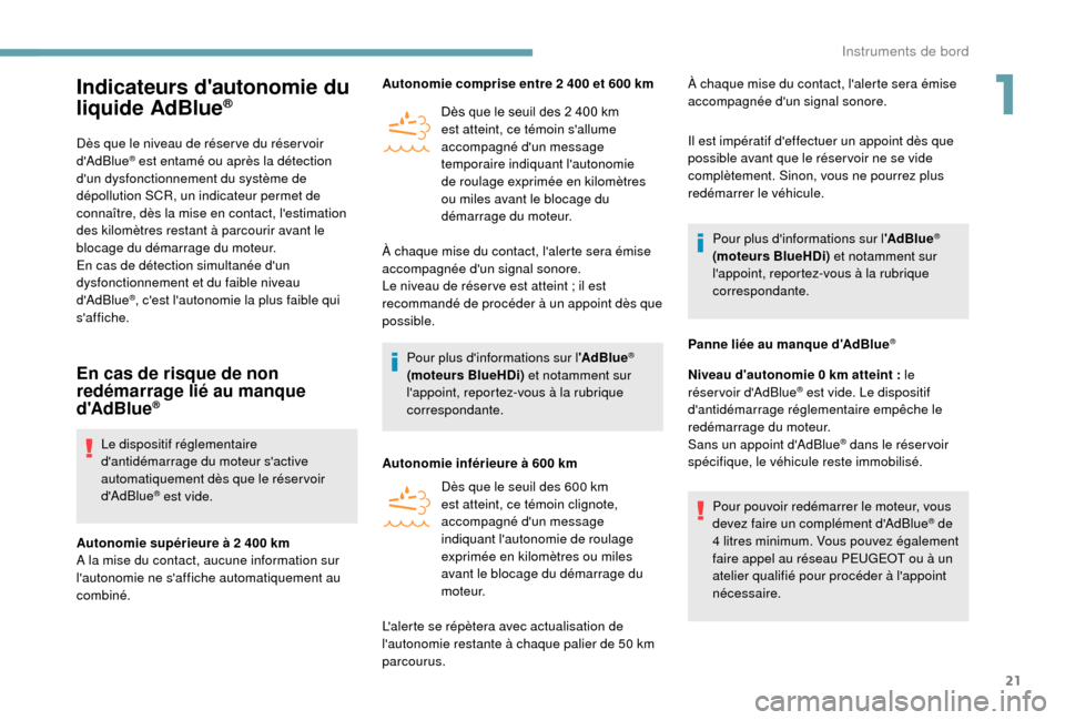 Peugeot Boxer 2018  Manuel du propriétaire (in French) 21
Indicateurs dautonomie du 
liquide AdBlue®
Dès que le niveau de réser ve du réser voir 
dAdBlue® est entamé ou après la détection 
dun dysfonctionnement du système de 
dépollution SCR,