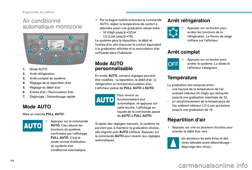 Peugeot Boxer 2018  Manuel du propriétaire (in French) 44
Air conditionné 
automatique monozone
1.Mode AUTO.
2. Arrêt réfrigération.
3. Arrêt complet du système.
4. Réglage de la répartition dair.
5. Réglage du débit dair.
6. Entrée dair
  /