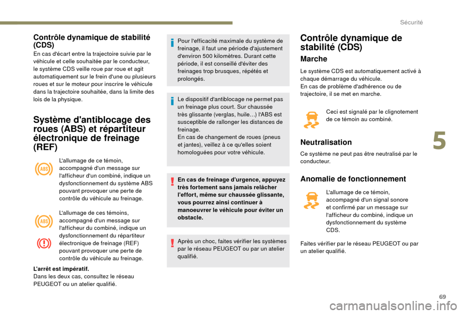 Peugeot Boxer 2018 Manuel du propriétaire (in French) 69
Contrôle dynamique de stabilité
(CDS)
En cas décart entre la trajectoire suivie par le
véhicule et celle souhaitée par le conducteur,
le système CDS veille roue par roue et agit
automati Peugeot Boxer 2018 Manuel du propriétaire (in French) 69
Contrôle dynamique de stabilité
(CDS)
En cas décart entre la trajectoire suivie par le
véhicule et celle souhaitée par le conducteur,
le système CDS veille roue par roue et agit
automati