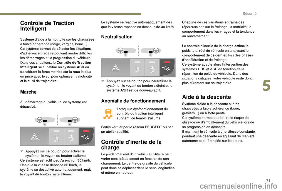 Peugeot Boxer 2018 Manuel du propriétaire (in French) 71
Contrôle de Traction
Intelligent
Système daide à la motricité sur les chaussées
à faible adhérence (neige, verglas, boue…).
Ce système permet de détecter les situations
dadhérence Peugeot Boxer 2018 Manuel du propriétaire (in French) 71
Contrôle de Traction
Intelligent
Système daide à la motricité sur les chaussées
à faible adhérence (neige, verglas, boue…).
Ce système permet de détecter les situations
dadhérence