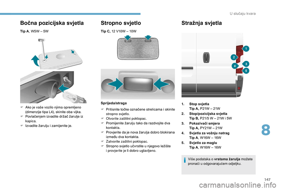 Peugeot Boxer 2018 Vodič za korisnike (in Croatian) 147
Tip C, 12 V10W – 10W
Bočna pozicijska svjetla
Tip A, W5W – 5W
Stropno svjetlo
F Ako je vaše vozilo njima opremljeno
(dimenzije tipa L4), skinite oba vijka.
F
P
ovlačenjem izvadite drža Peugeot Boxer 2018 Vodič za korisnike (in Croatian) 147
Tip C, 12 V10W – 10W
Bočna pozicijska svjetla
Tip A, W5W – 5W
Stropno svjetlo
F Ako je vaše vozilo njima opremljeno
(dimenzije tipa L4), skinite oba vijka.
F
P
ovlačenjem izvadite drža