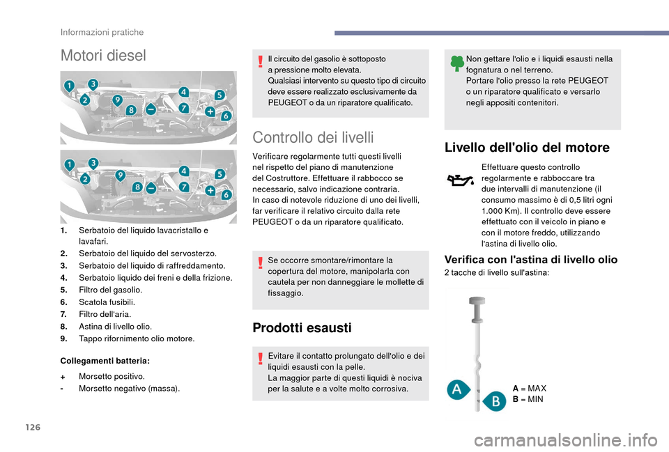 Peugeot Boxer 2018  Manuale del proprietario (in Italian) 126
Motori diesel
1.Serbatoio del liquido lavacristallo e 
lavafari.
2. Serbatoio del liquido del servosterzo.
3. Serbatoio del liquido di raffreddamento.
4. Serbatoio liquido dei freni e della frizio