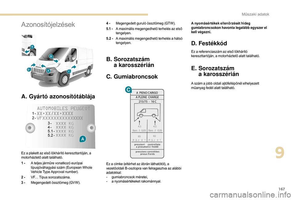 Peugeot Boxer 2018  Kezelési útmutató (in Hungarian) 167
Azonosítójelzések
A. Gyártó azonosítótáblája
4 - Megengedett guruló össztömeg (GTW).
5.1 -  A maximális megengedhető terhelés az első 
tengelyen.
5.2 -  A maximális megengedhető 