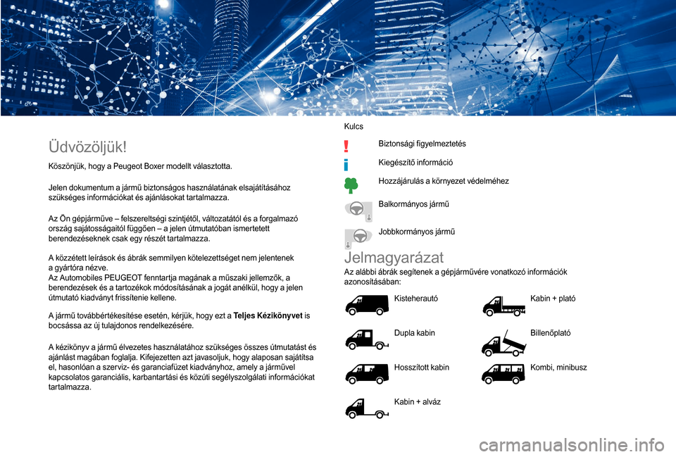 Peugeot Boxer 2018  Kezelési útmutató (in Hungarian) Üdvözöljük!
Köszönjük, hogy a Peugeot Boxer modellt választotta.
J elen dokumentum a   jármű biztonságos használatának elsajátításához 
szükséges információkat és ajánlásokat t