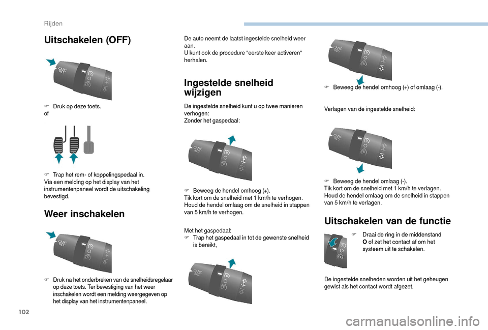 Peugeot Boxer 2018  Handleiding (in Dutch) 102
Uitschakelen (OFF)
Weer inschakelenDe auto neemt de laatst ingestelde snelheid weer 
aan.
U kunt ook de procedure "eerste keer activeren" 
herhalen.
Ingestelde snelheid 
wijzigen
De ingestelde sne