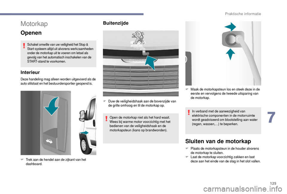 Peugeot Boxer 2018  Handleiding (in Dutch) 125
Motorkap
Openen
Schakel omwille van uw veiligheid het Stop & 
Start-systeem altijd uit alvorens werkzaamheden 
onder de motorkap uit te voeren om letsel als 
gevolg van het automatisch inschakelen