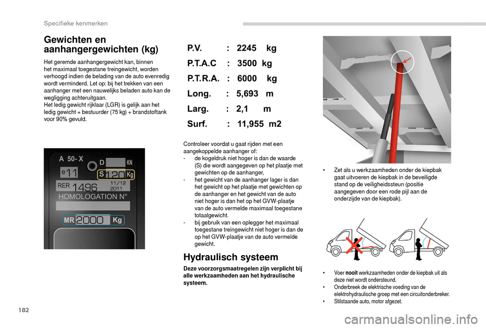 Peugeot Boxer 2018 Handleiding (in Dutch) 182
Gewichten en
aanhangergewichten (kg)
Het geremde aanhangergewicht kan, binnen
het maximaal toegestane treingewicht, worden
verhoogd indien de belading van de auto evenredig
wordt verminderd. L Peugeot Boxer 2018 Handleiding (in Dutch) 182
Gewichten en
aanhangergewichten (kg)
Het geremde aanhangergewicht kan, binnen
het maximaal toegestane treingewicht, worden
verhoogd indien de belading van de auto evenredig
wordt verminderd. L