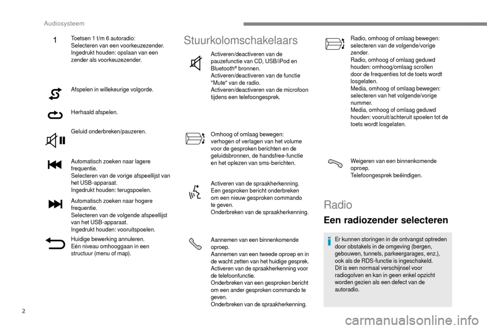Peugeot Boxer 2018 Handleiding (in Dutch) 2
Afspelen in willekeurige volgorde.
Herhaald afspelen.
Geluid onderbreken/pauzeren.
Automatisch zoeken naar lagere
frequentie.
Selecteren van de vorige afspeellijst van
het USB-apparaat.
Ingedrukt Peugeot Boxer 2018 Handleiding (in Dutch) 2
Afspelen in willekeurige volgorde.
Herhaald afspelen.
Geluid onderbreken/pauzeren.
Automatisch zoeken naar lagere
frequentie.
Selecteren van de vorige afspeellijst van
het USB-apparaat.
Ingedrukt