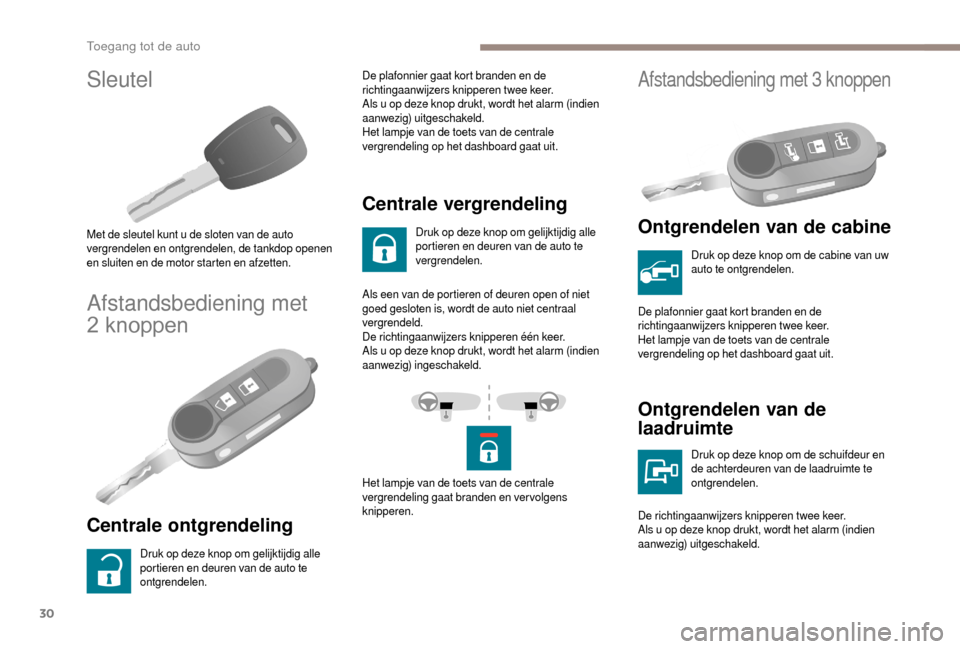 Peugeot Boxer 2018  Handleiding (in Dutch) 30
Sleutel
Met de sleutel kunt u de sloten van de auto 
v ergrendelen en ontgrendelen, de tankdop openen 
en sluiten en de motor starten en afzetten.
Afstandsbediening met 
2   knoppen
Centrale ontgre