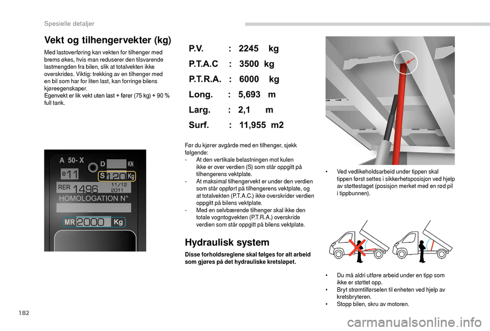 Peugeot Boxer 2018 Brukerhåndbok (in Norwegian) 182
Vekt og tilhengervekter (kg)
Med lastover føring kan vekten for tilhenger med
brems økes, hvis man reduserer den tilsvarende
lastmengden fra bilen, slik at totalvekten ikke
overskrides. Vikti Peugeot Boxer 2018 Brukerhåndbok (in Norwegian) 182
Vekt og tilhengervekter (kg)
Med lastover føring kan vekten for tilhenger med
brems økes, hvis man reduserer den tilsvarende
lastmengden fra bilen, slik at totalvekten ikke
overskrides. Vikti