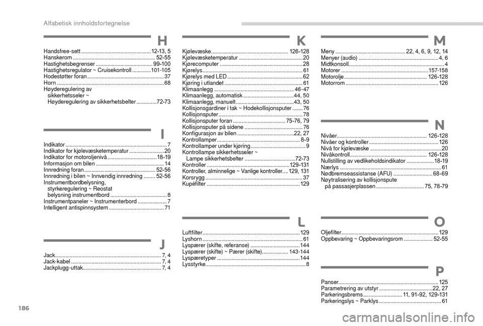 Peugeot Boxer 2018  Brukerhåndbok (in Norwegian) 186
Indikator ......................................................................7
I ndikator for kjølevæsketemperatur  ........................20
Indikator for motoroljenivå
 

................