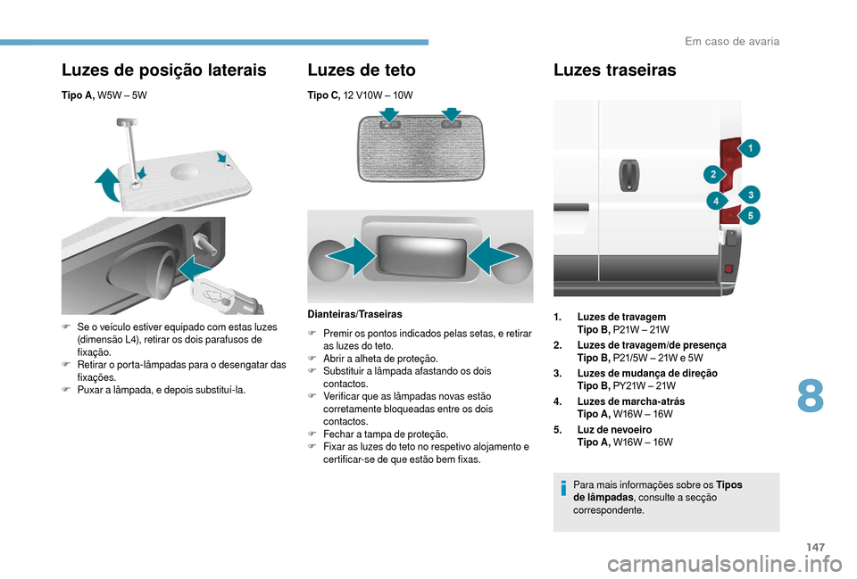 Peugeot Boxer 2018 Manual do proprietário (in Portuguese) 147
Tipo C, 12 V10W – 10W
Luzes de posição laterais
Tipo A, W5W – 5W
Luzes de teto
F Se o veículo estiver equipado com estas luzes
(dimensão L4), retirar os dois parafusos de
fixação.
F
Peugeot Boxer 2018 Manual do proprietário (in Portuguese) 147
Tipo C, 12 V10W – 10W
Luzes de posição laterais
Tipo A, W5W – 5W
Luzes de teto
F Se o veículo estiver equipado com estas luzes
(dimensão L4), retirar os dois parafusos de
fixação.
F